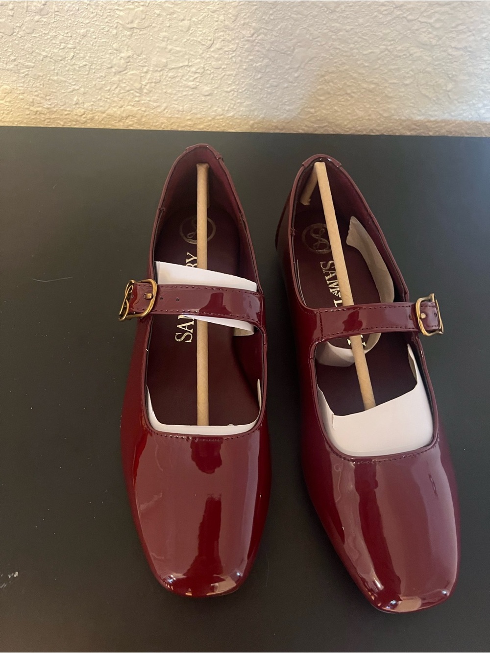 Sam and Libby Burgundy Patent Mary Jane Flats with Gold Buckles